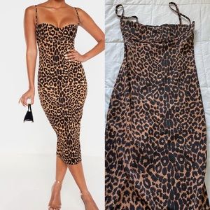 Leopard Print Strappy Cup Detail Midi Dress